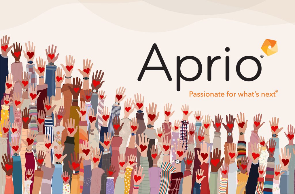 Illustration of diverse raised hands with hearts on palms, under the logo Aprio and tagline Passionate for whats next on a light background.