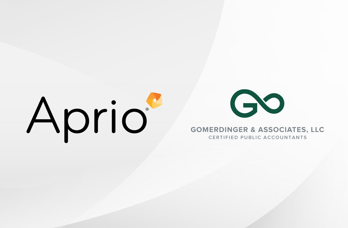 Logos of two companies: Aprio on the left with an orange geometric shape, and Gomerdinger & Associates, LLC on the right with a green stylized GA symbol.