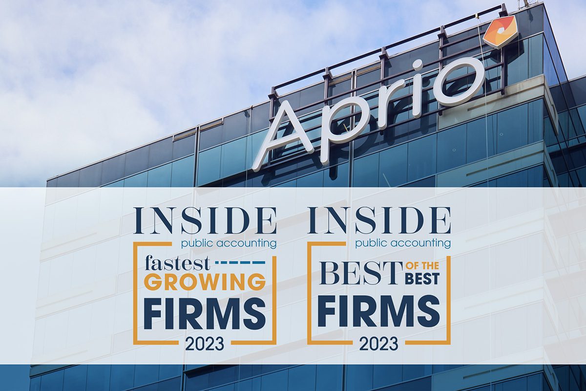 A modern office building with the Aprio logo, overlaid with awards for Fastest Growing Firms 2023 and Best of the Best Firms 2023 from Inside Public Accounting.