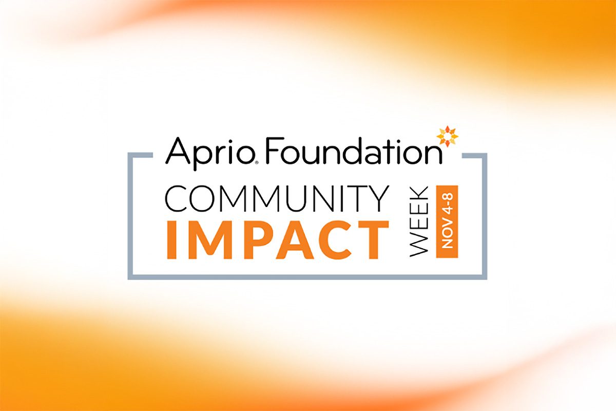 Aprio Foundation Community Impact Week logo with event dates Nov 4-8 on a white background with orange gradient accents.