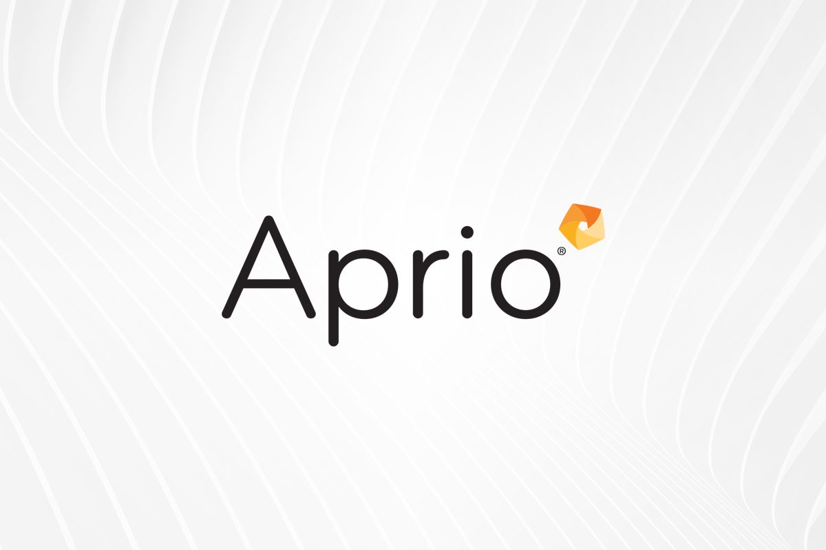 The Aprio logo in black text with an orange geometric shape above the letter i, displayed on a light gray, wavy background.