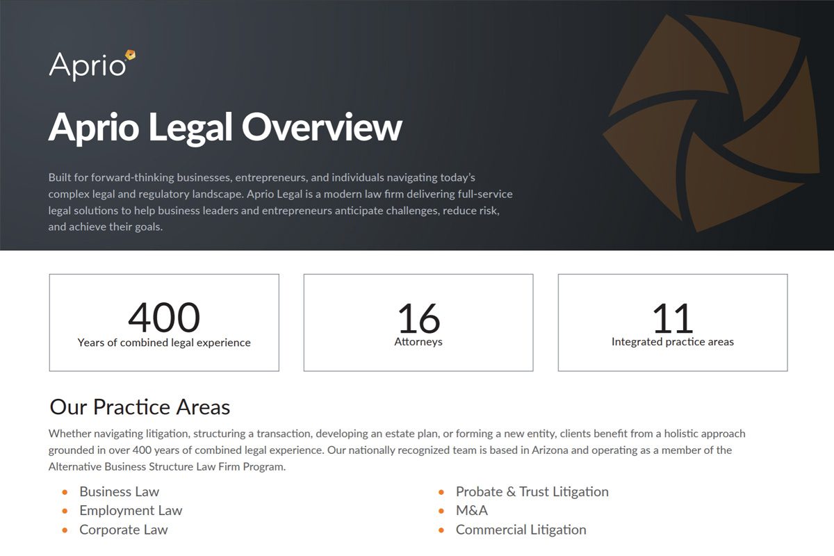 Aprio Legal Overview page showing 400 years of combined legal experience, 16 attorneys, 11 practice areas, and a list of practice areas including business, employment, and corporate law.