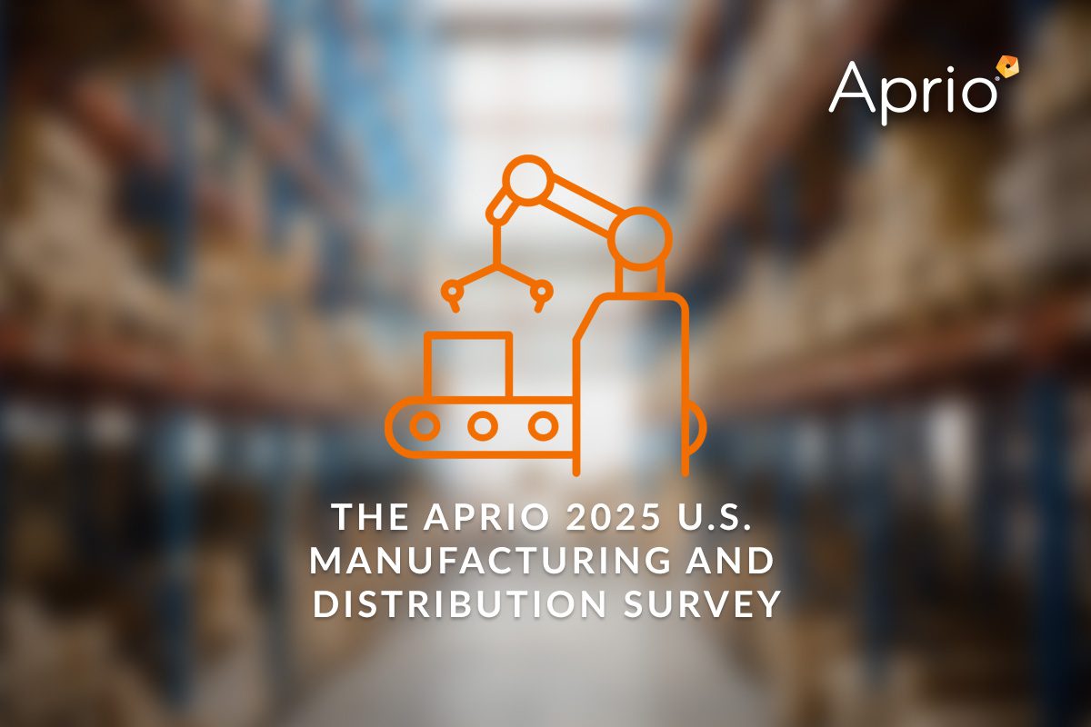 Blurred warehouse background with Aprio logo and an orange icon of a robotic arm; text reads The Aprio 2025 U.S. Manufacturing and Distribution Survey.