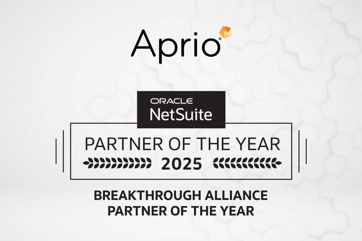 Aprio receives Oracle NetSuite Partner of the Year 2025 award for Breakthrough Alliance Partner of the Year, shown on a white background with hexagonal patterns.