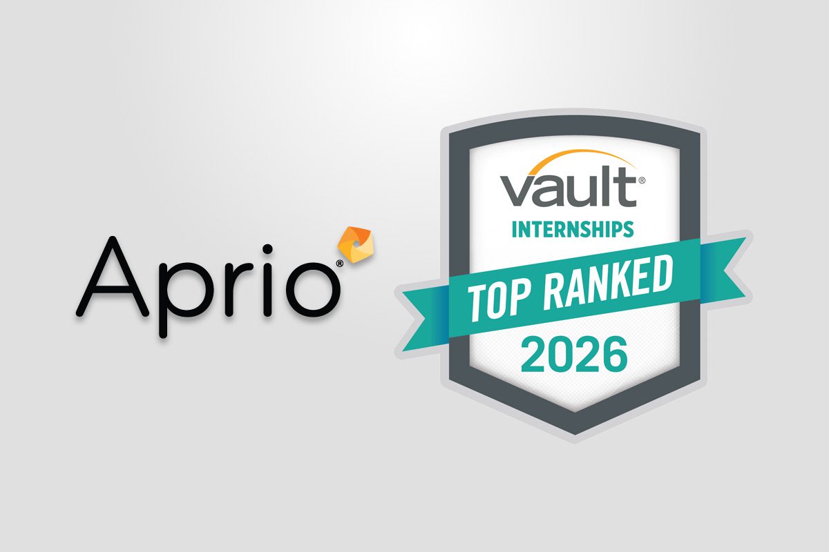Logo of Aprio next to a badge that reads Vault Internships Top Ranked 2026.