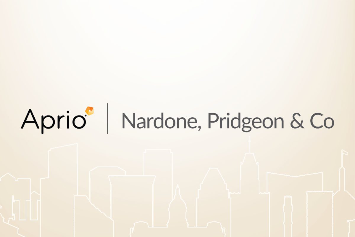 The image displays the text Aprio | Nardone, Pridgeon & Co above a faint city skyline outline on a light background.