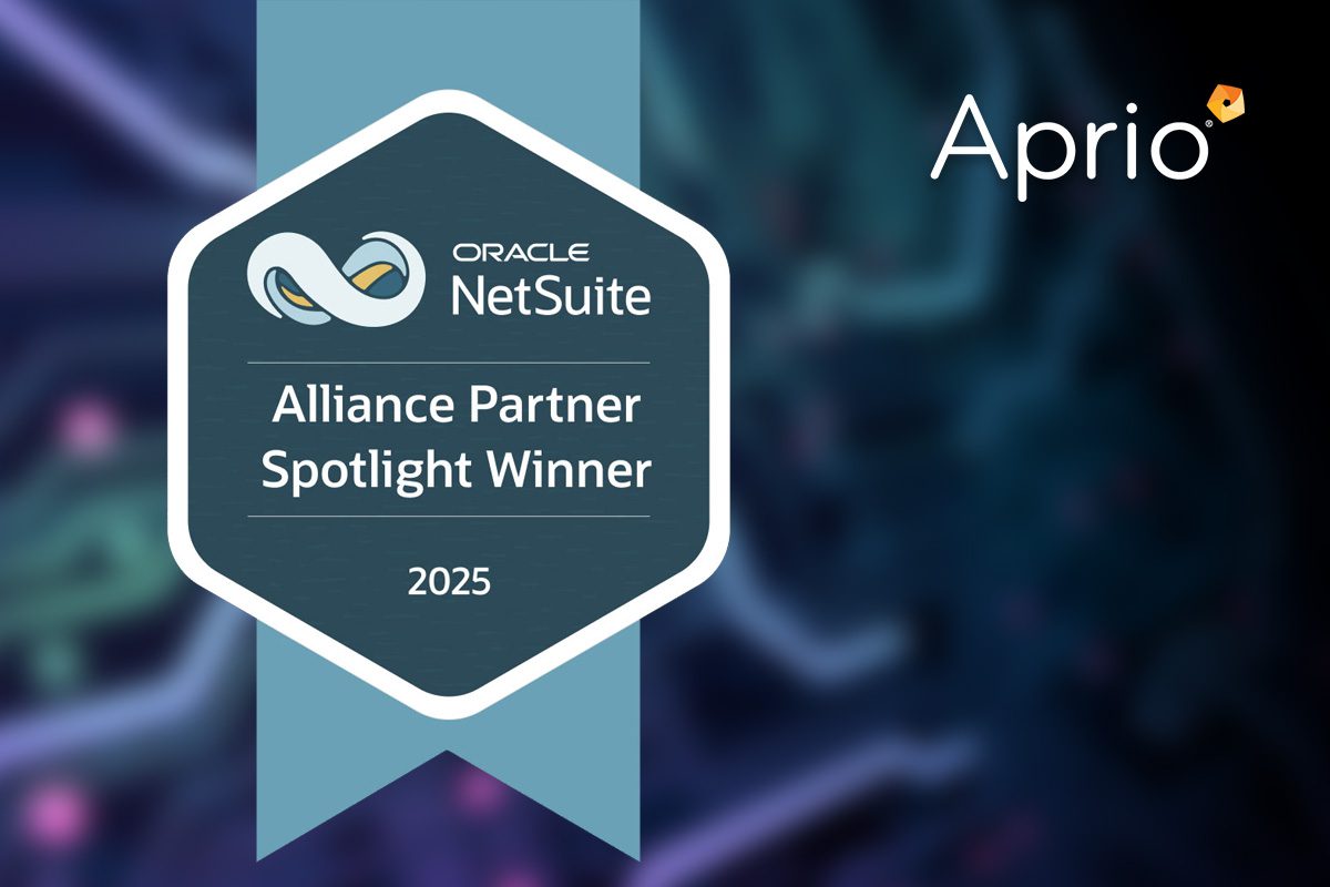 A badge reads Oracle NetSuite Alliance Partner Spotlight Winner 2025 on a blue background, with the Aprio logo in the top right corner.