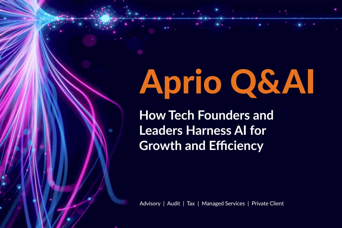 Aprio Q&AI event banner with abstract neon lines and text: How Tech Founders and Leaders Harness AI for Growth and Efficiency. Services listed: Advisory, Audit, Tax, Managed Services, Private Client.