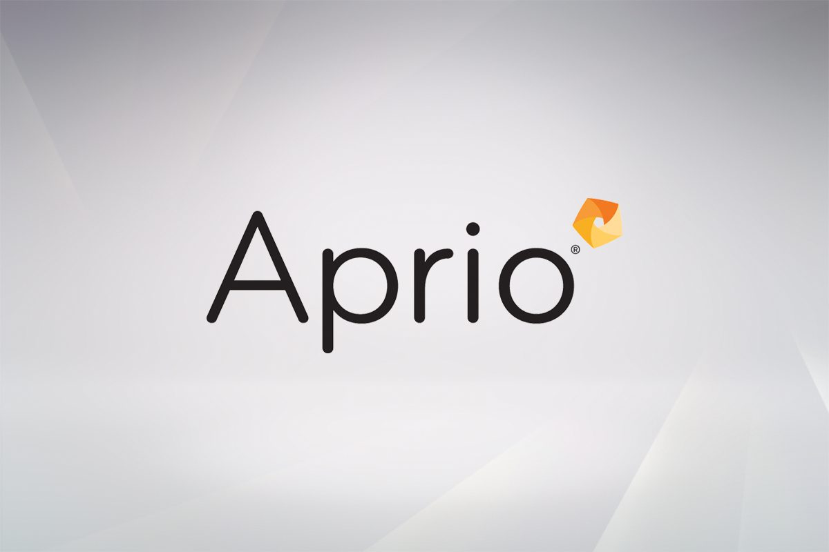 The image shows the word Aprio in black text with an orange geometric shape above the letter i on a light gray background.
