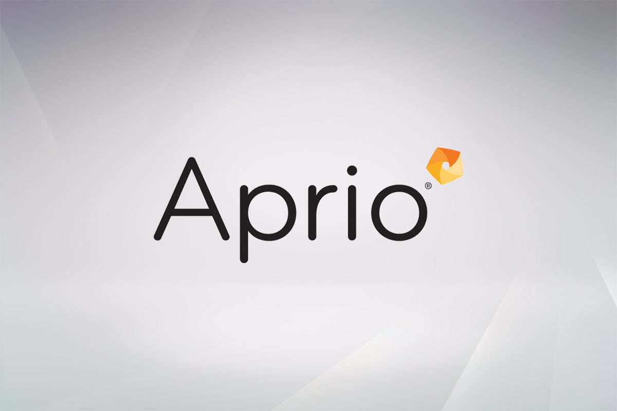 The image shows the word Aprio in black text with an orange geometric logo replacing the dot above the letter i on a light gradient background.