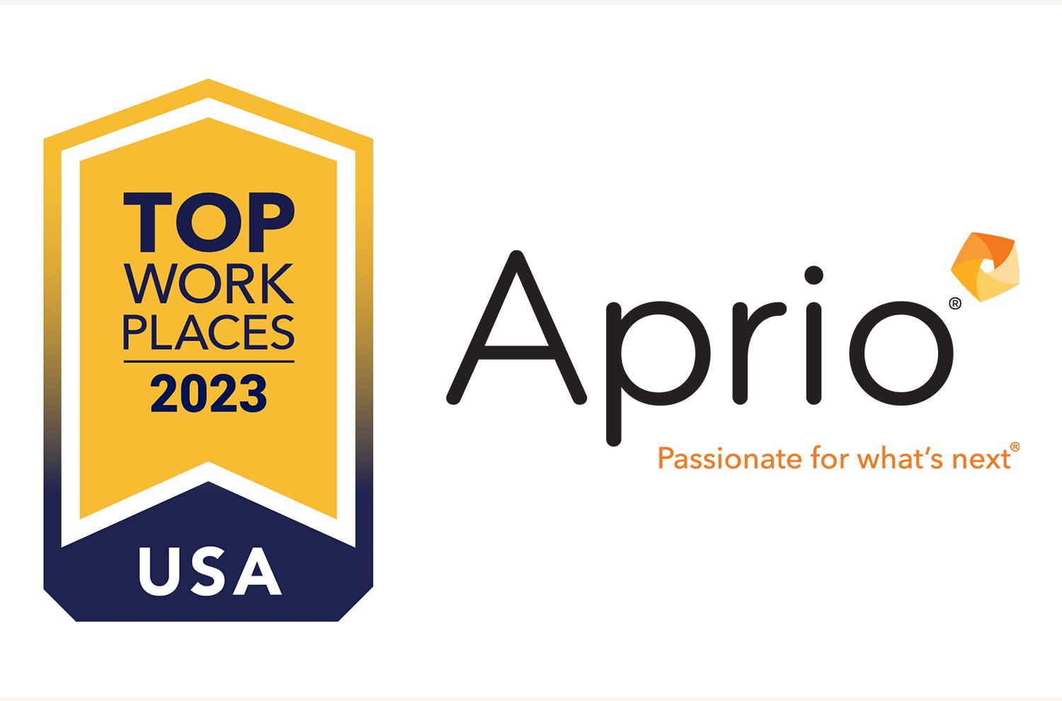 A badge reading Top Workplaces 2023 USA is shown next to the Aprio logo with the tagline Passionate for whats next.