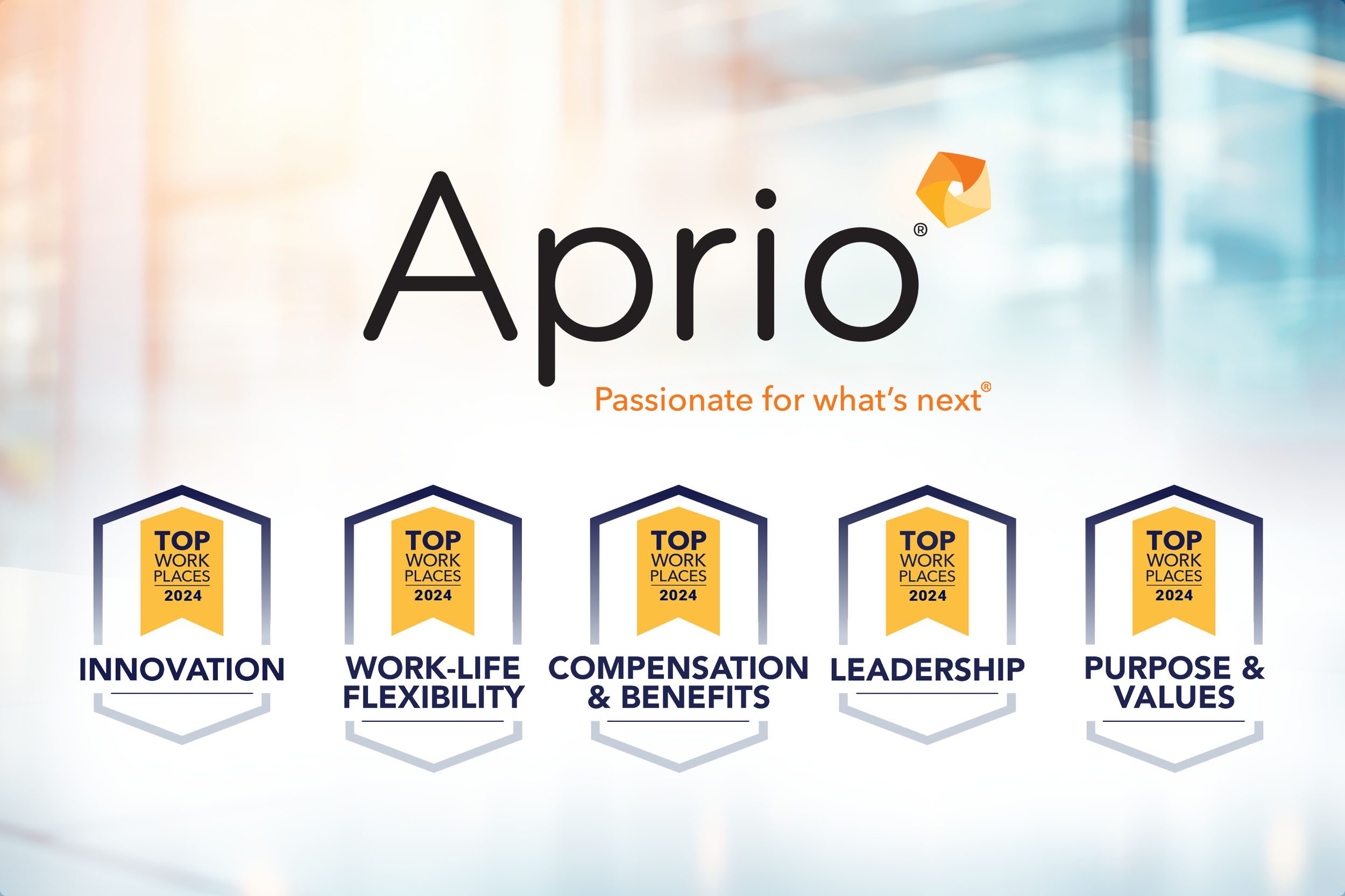 Aprio logo with tagline Passionate for whats next above five 2024 Top Workplaces awards for innovation, work-life flexibility, compensation & benefits, leadership, and purpose & values.