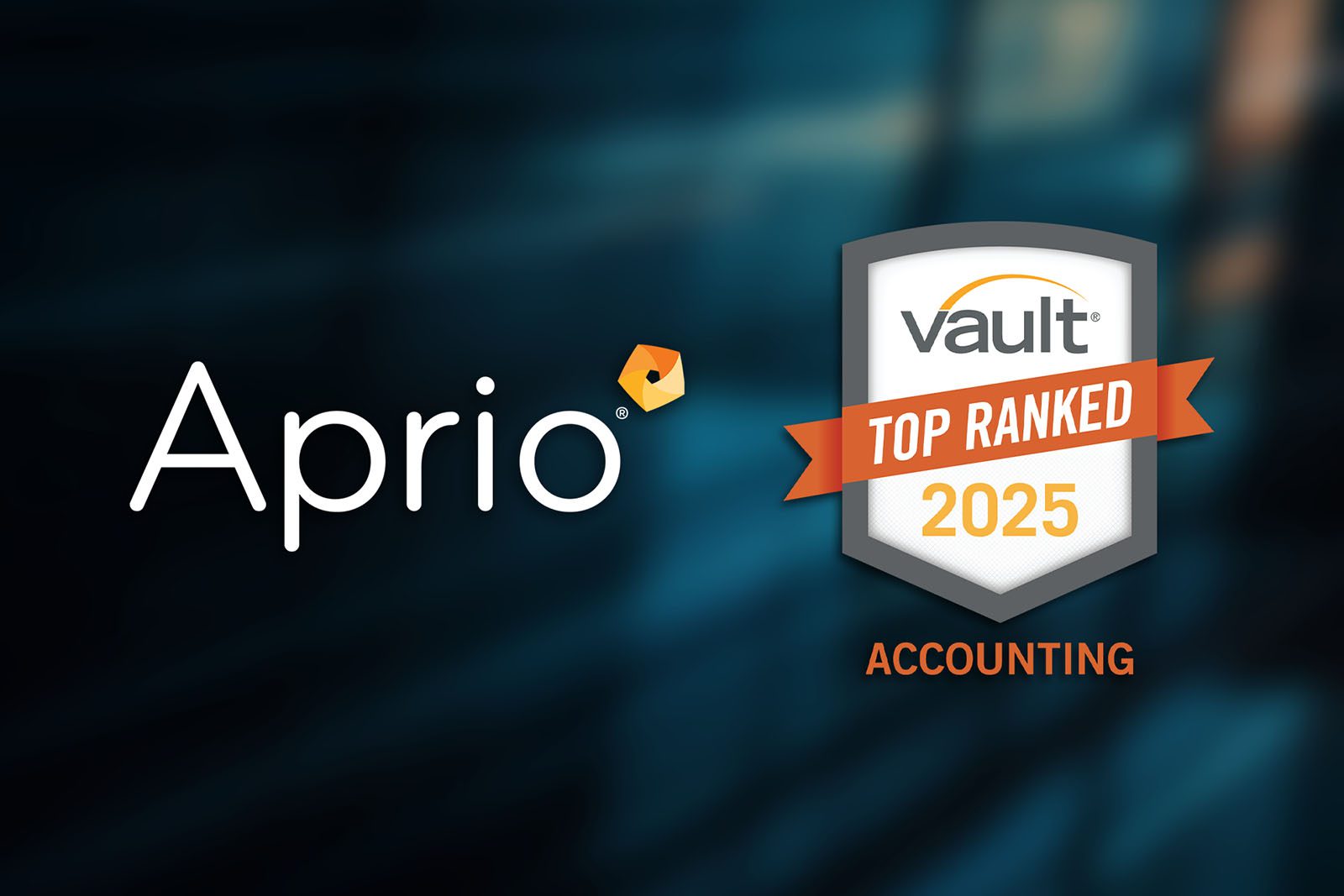 Aprio logo next to a badge reading “Vault Top Ranked 2025 Accounting” on a blurred blue background.