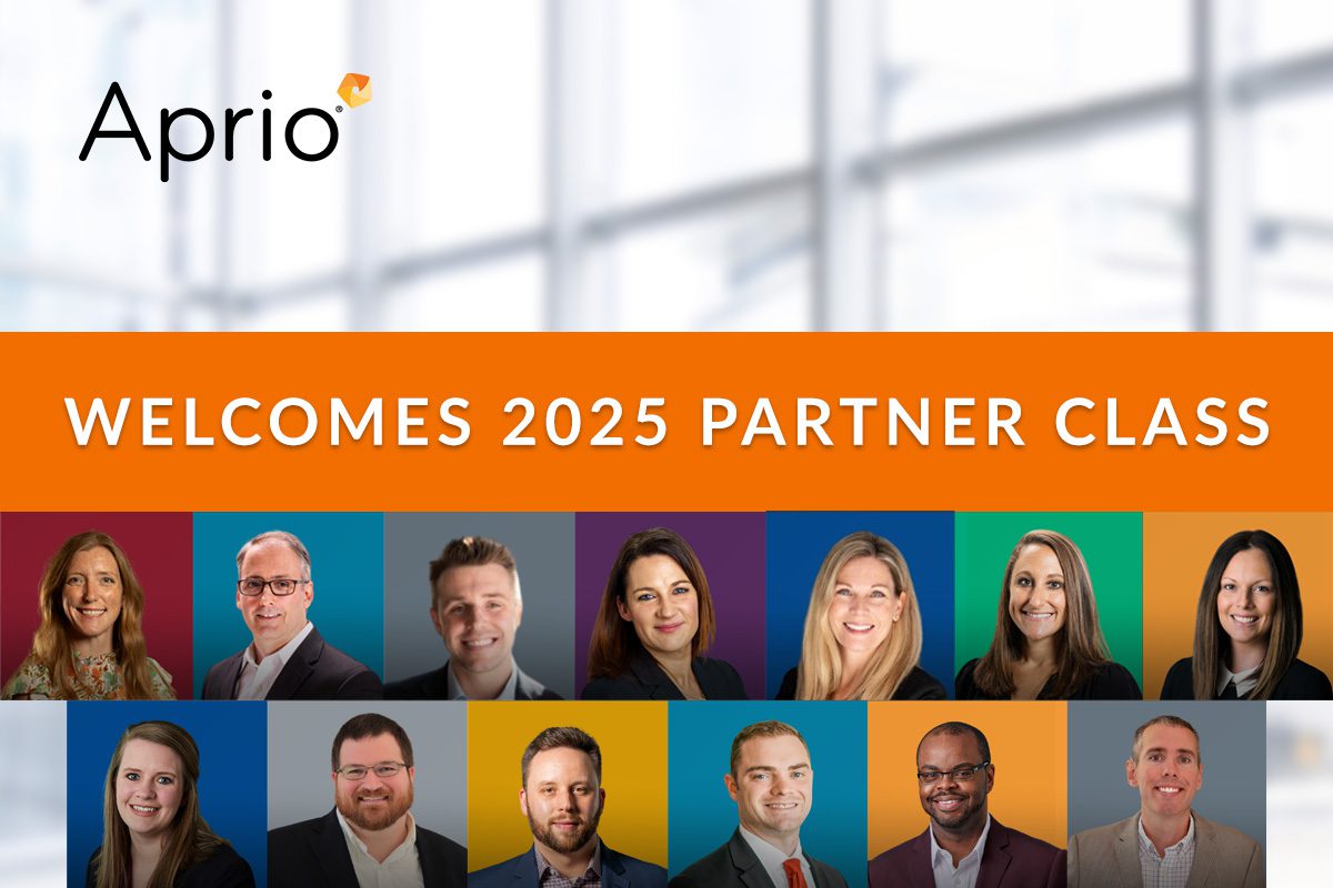 A banner with the Aprio logo and the text Welcomes 2025 Partner Class above headshots of fourteen professionally dressed individuals.