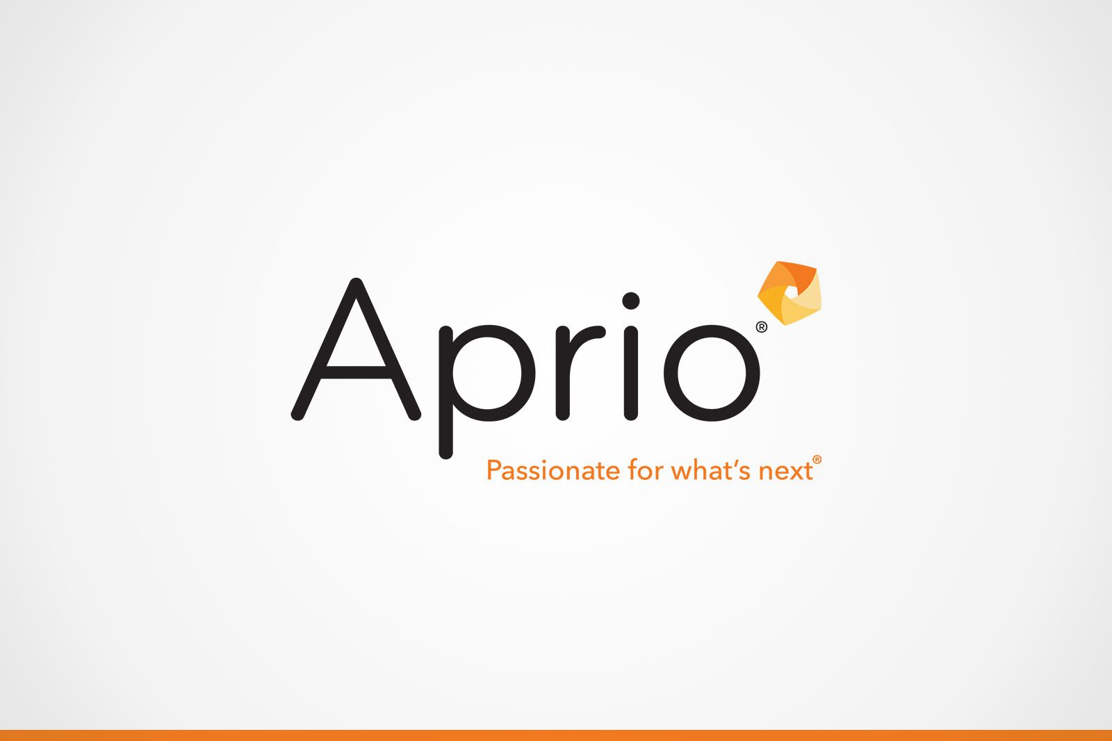 Aprio logo with tagline Passionate for whats next on a white background, featuring an orange geometric shape above the “i” in Aprio.