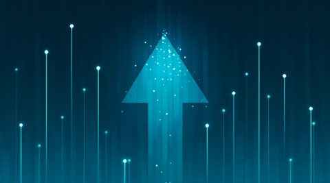 A large glowing upward arrow surrounded by smaller vertical lines on a dark blue background, symbolizing growth or progress.