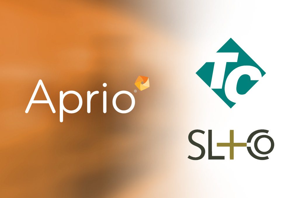 Logos of three companies: Aprio on the left, and TC and SL+Co on the right against a gradient orange and white background.