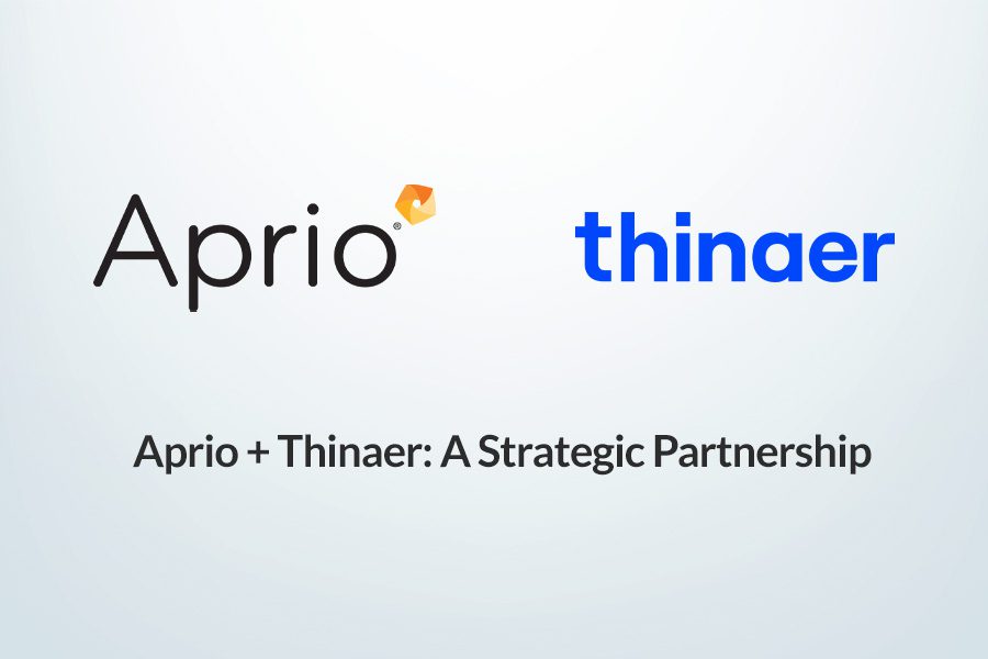 Logos of Aprio and Thinaer with the text Aprio + Thinaer: A Strategic Partnership on a light background.