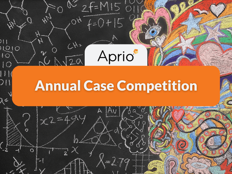 Aprio Annual Case Competition banner with colorful artistic pattern on the right and scientific equations on a chalkboard background on the left.