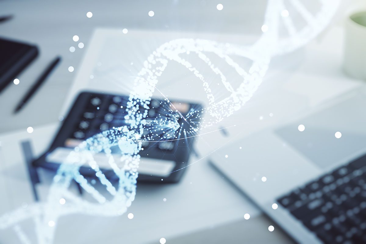 A translucent DNA double helix overlay appears above a workspace with a calculator, paper, pen, and laptop.