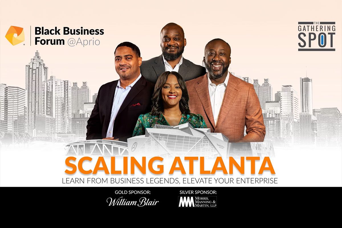 Four professionally dressed individuals stand in front of an illustrated Atlanta skyline. Text promotes the “Scaling Atlanta” Black Business Forum event and sponsors.