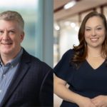 A man in a suit jacket and a woman in a navy dress stand indoors in front of blurred backgrounds, shown side by side in a split image.