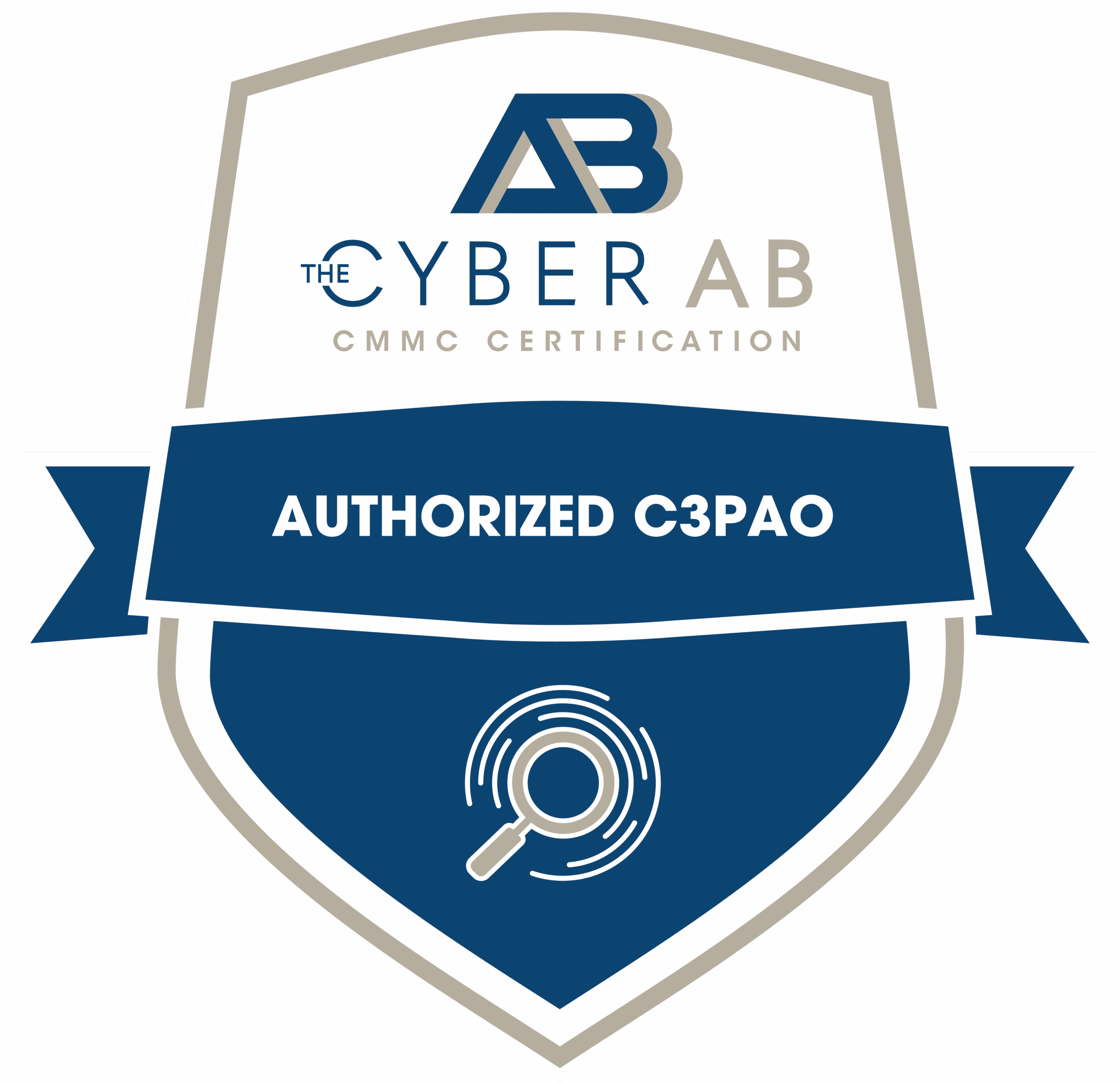 A shield-shaped badge with The Cyber AB CMMC Certification at the top and Authorized C3PAO on a blue banner across the center. A magnifying glass icon is shown at the bottom.