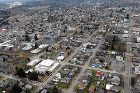 Aerial view of a suburban neighborhood with houses, streets, and commercial buildings, surrounded by trees and greenery.