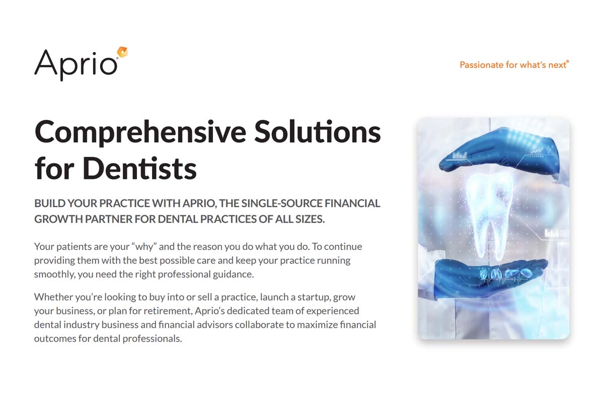 Aprio advertisement offering financial solutions for dental practices, featuring text and an image of a holographic tooth between two hands.