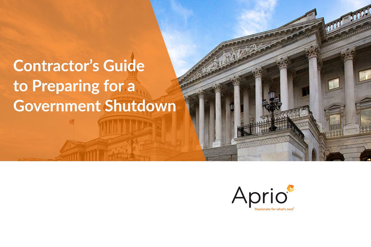 Cover image featuring the U.S. Capitol building with the text Contractor’s Guide to Preparing for a Government Shutdown and the Aprio company logo.