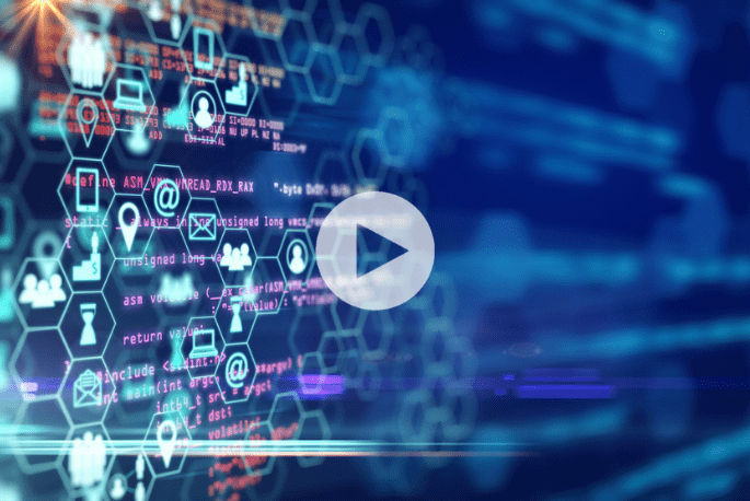 A digital interface with hexagonal patterns, code snippets, and various technology icons over a blue, blurred background. A translucent “play” button is centered on the image.