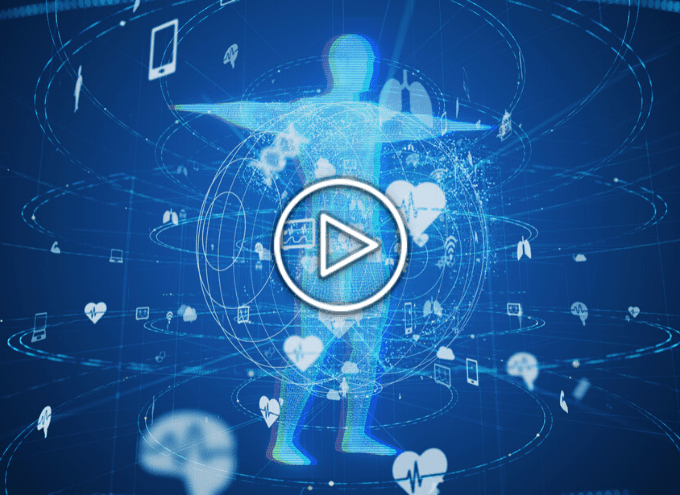 Digital illustration of a human figure surrounded by floating medical icons, with a play button overlay at the center, suggesting a health technology or medical video.