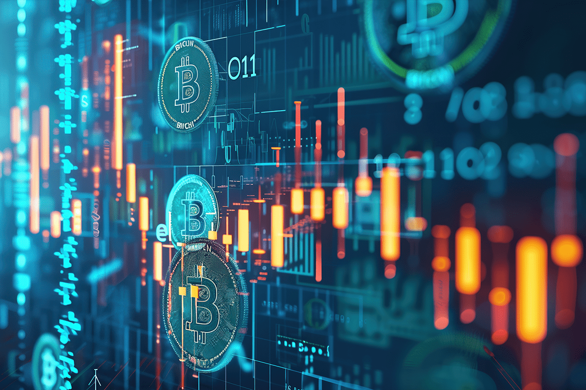 Digital visualization of Bitcoin symbols overlaid with financial charts and data, representing cryptocurrency trading and market analysis.