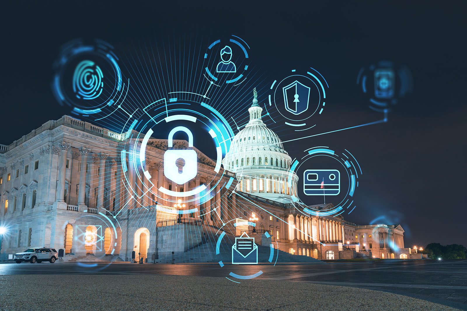 The U.S. Capitol building at night with digital security icons, such as a padlock and fingerprint, superimposed in the foreground.