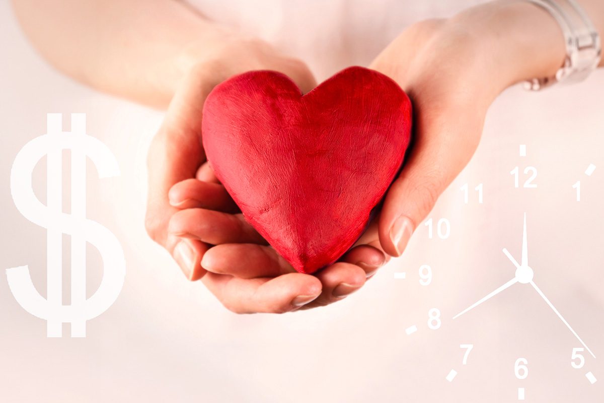 A person holds a red heart shape in their hands, with overlaid graphics of a dollar sign and a clock in the background.