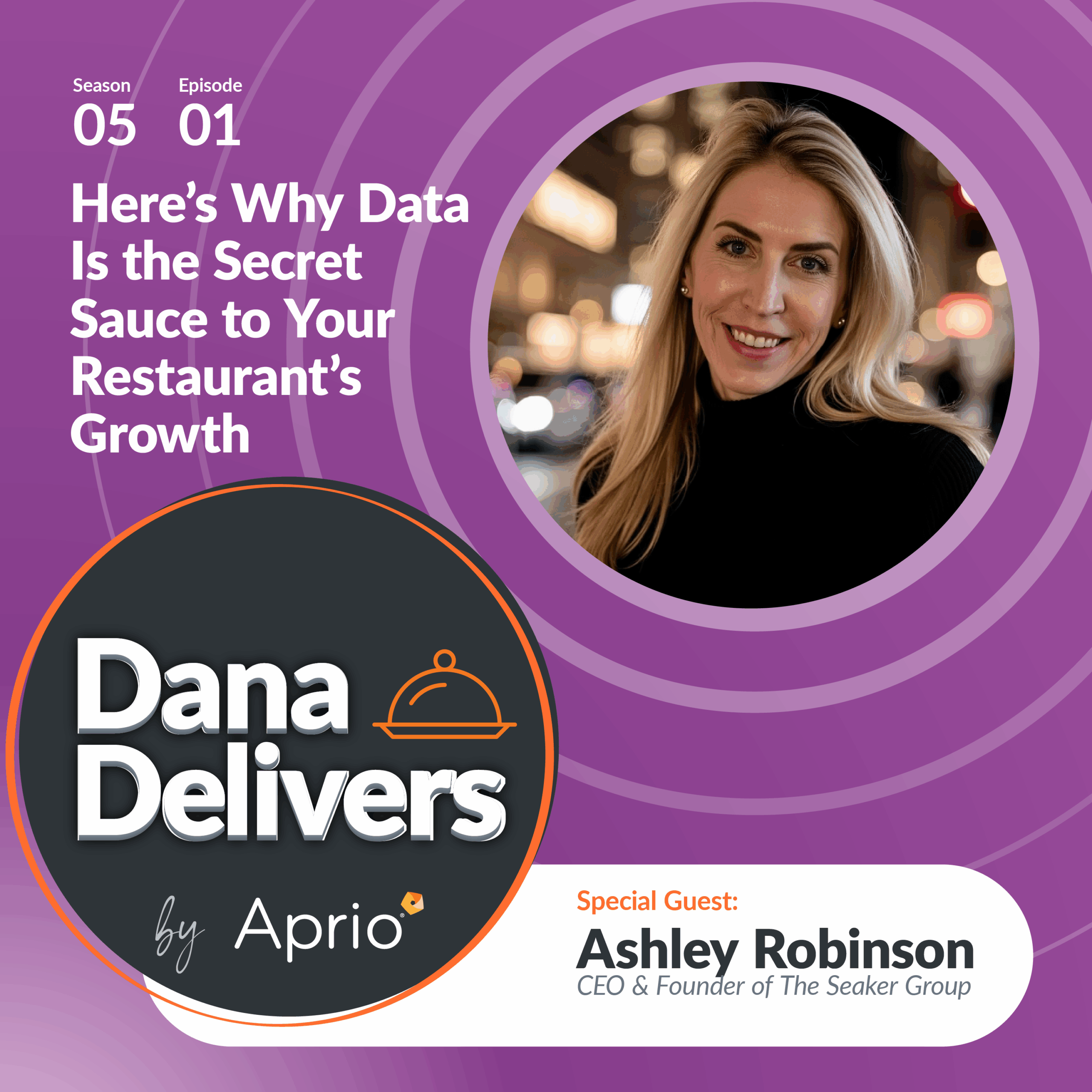 Podcast cover for Dana Delivers by Aprio, Season 5 Episode 1, featuring guest Ashley Robinson, CEO & Founder of The Seaker Group, discussing restaurant data use.