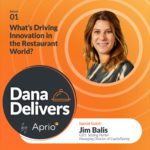 Promotional graphic for Dana Delivers featuring guest Jim Balis and the topic What’s Driving Innovation in the Restaurant World? with a portrait of a woman on an orange background.