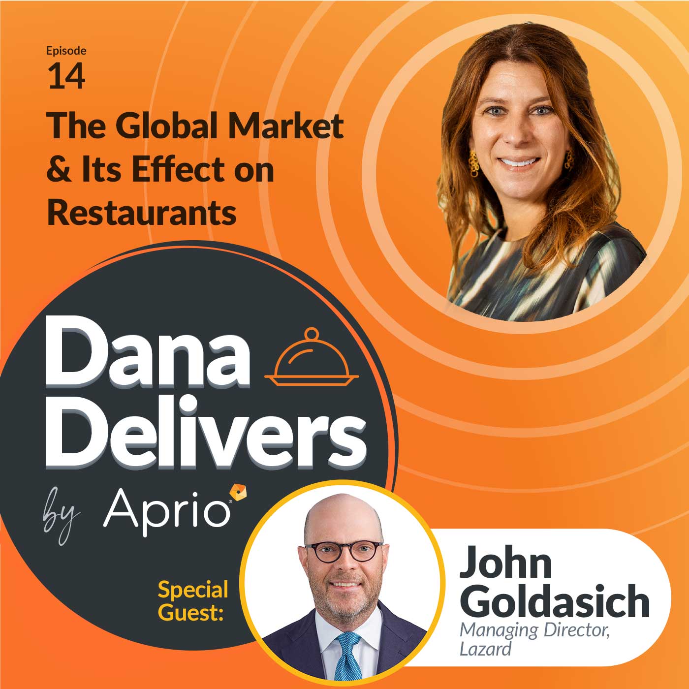 Podcast cover for Dana Delivers by Aprio, episode 14, featuring guest John Goldasich, discussing the global market’s effect on restaurants, with photos of the host and guest.