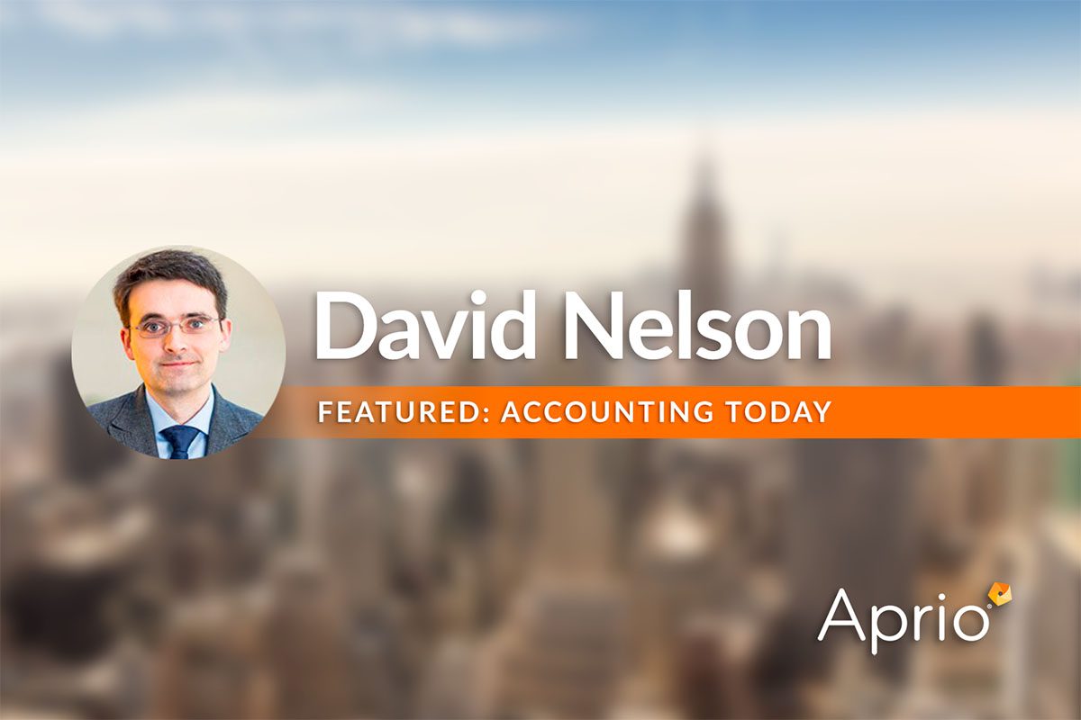 A professional headshot of a man, labeled “David Nelson,” with the text FEATURED: ACCOUNTING TODAY and the Aprio logo, set against a blurred cityscape background.