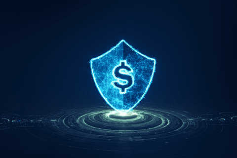 A digital shield with a dollar sign in the center, glowing in blue, symbolizing financial security or cybersecurity protection for monetary assets.