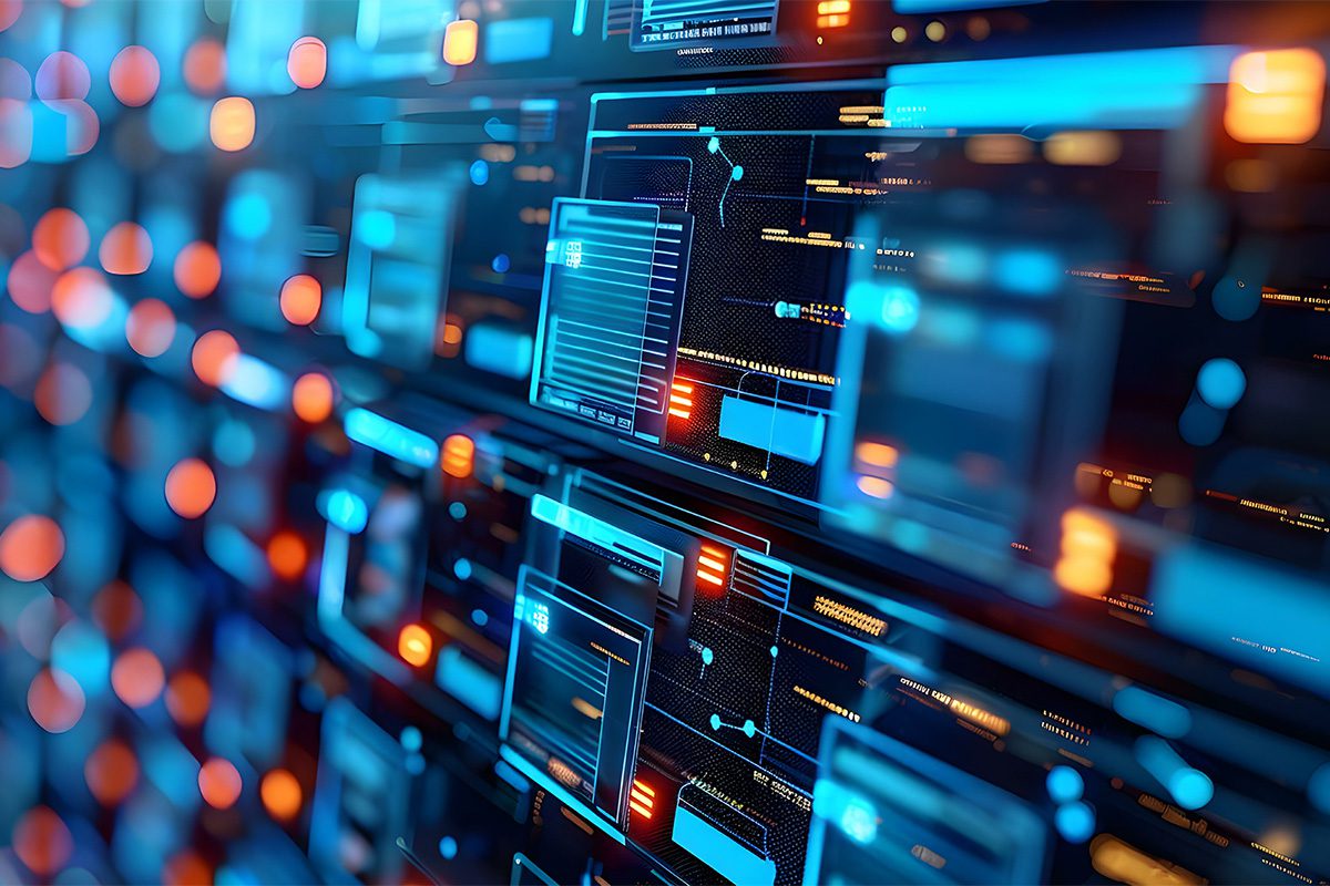 A close-up of digital screens displaying data, graphs, and interface elements, with blue and orange lights suggesting a high-tech data center or server environment.