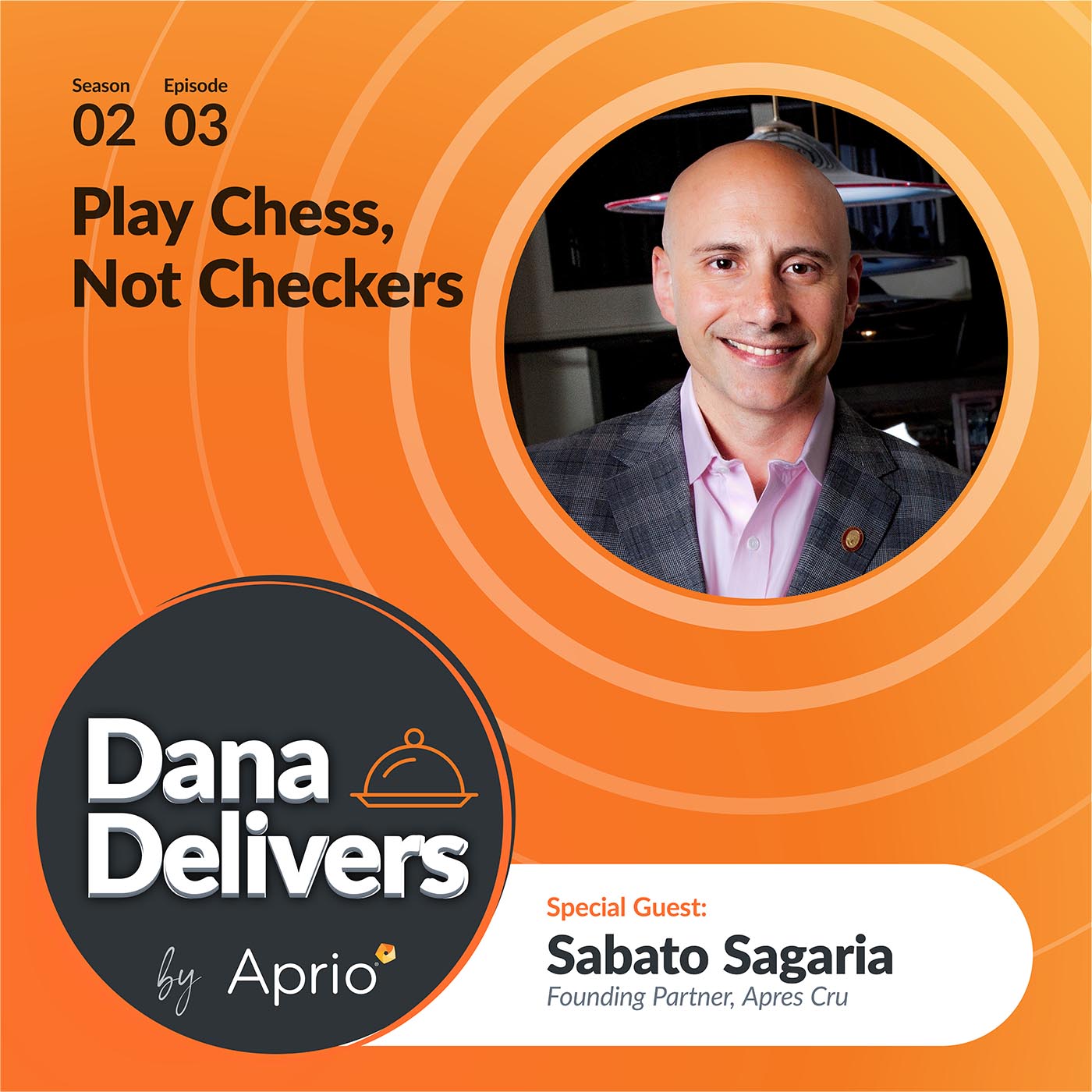 Podcast episode cover featuring guest Sabato Sagaria with the text Play Chess, Not Checkers, for Dana Delivers by Aprio, Season 2, Episode 3.