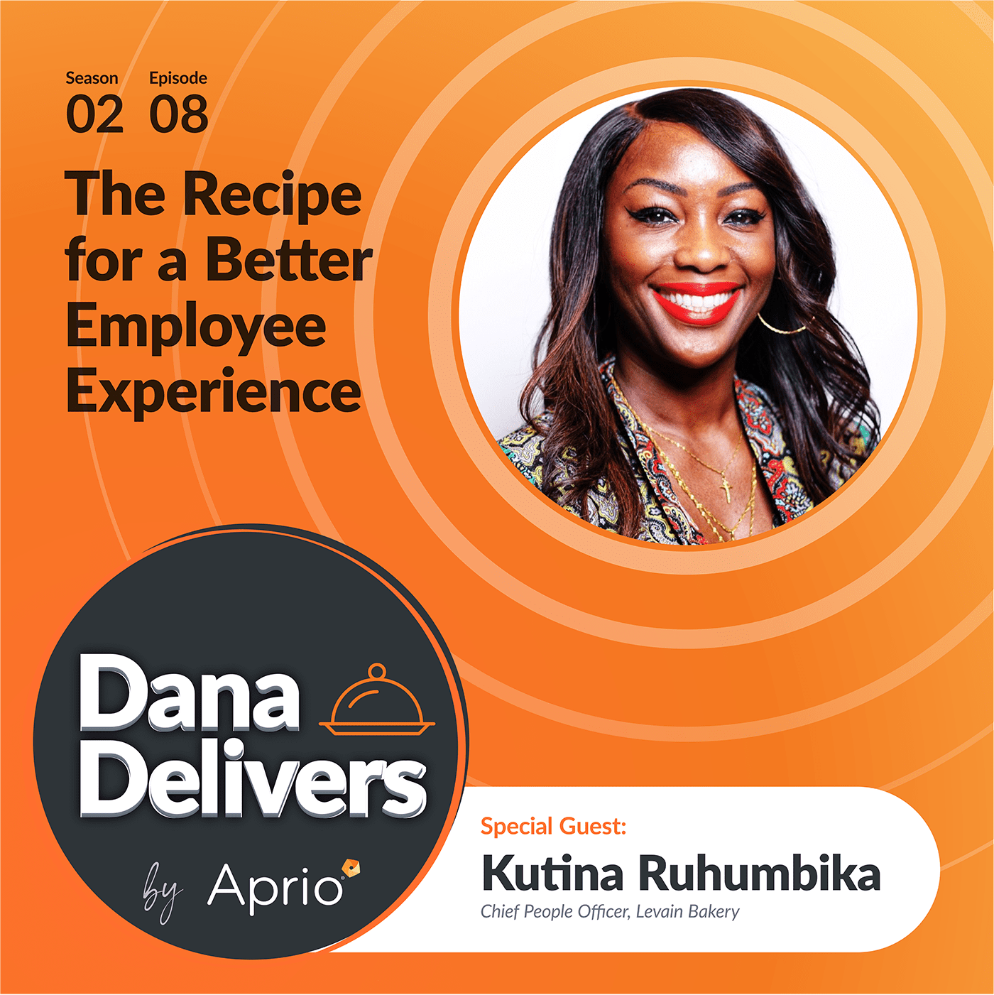 Promotional graphic for the podcast Dana Delivers featuring guest Kutina Ruhumbika, Chief People Officer at Levain Bakery, discussing employee experience.