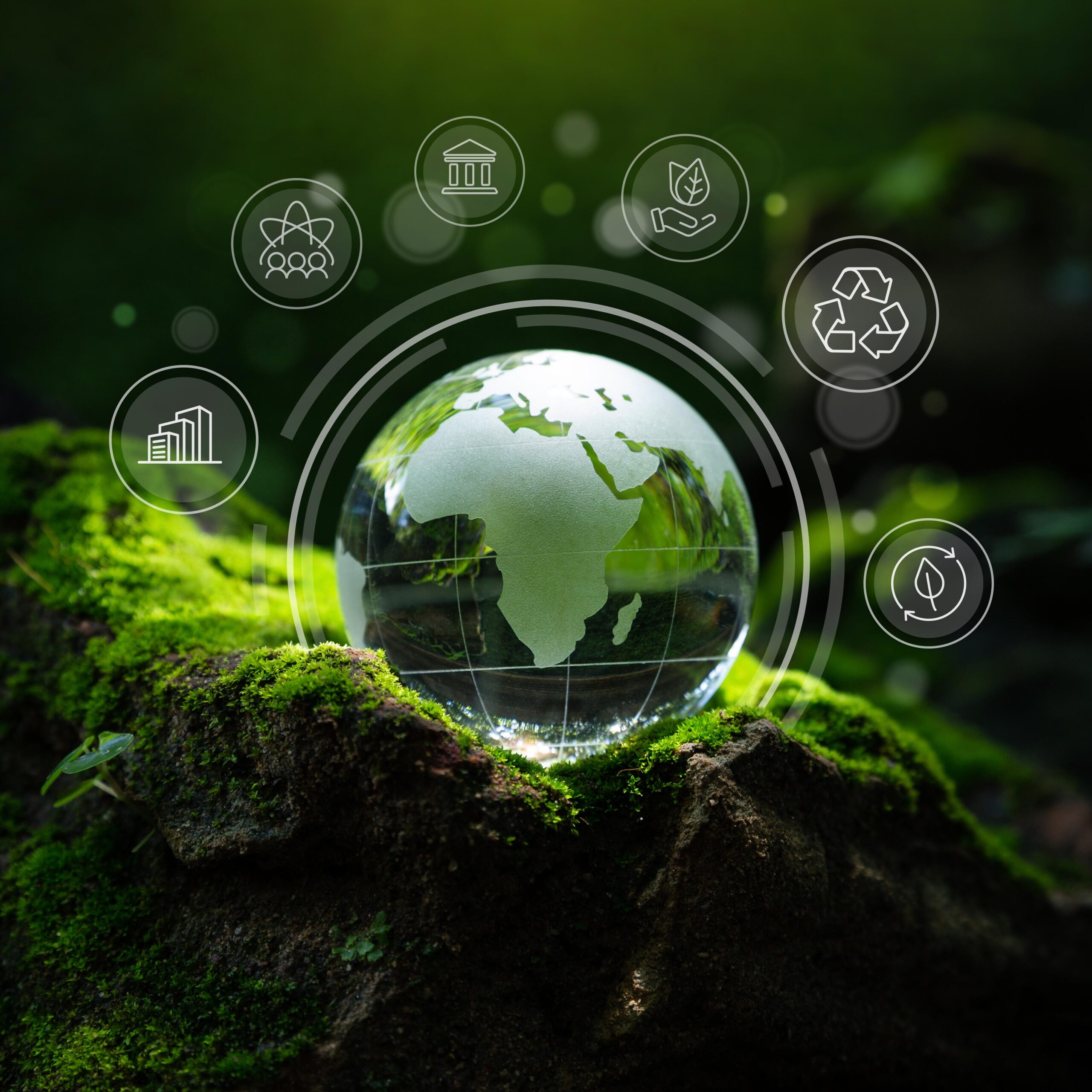 A glass globe with Africa visible sits on moss, surrounded by floating sustainable and ecological icons, representing environmental conservation concepts.