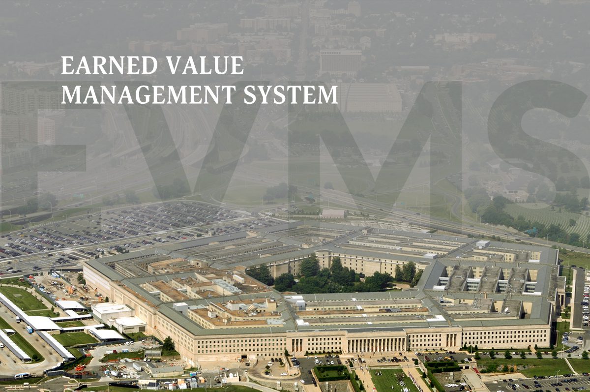Aerial view of the Pentagon with the words Earned Value Management System and the acronym EVMS overlaid on the image.