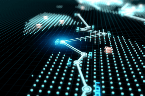 Digital graph with connected data points, glowing blue lines, and numeric values displayed on a grid background, representing financial or technological data analysis.