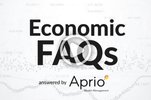 A video thumbnail with the text Economic FAQs answered by Aprio Wealth Management displayed on a background of faint financial data and charts.
