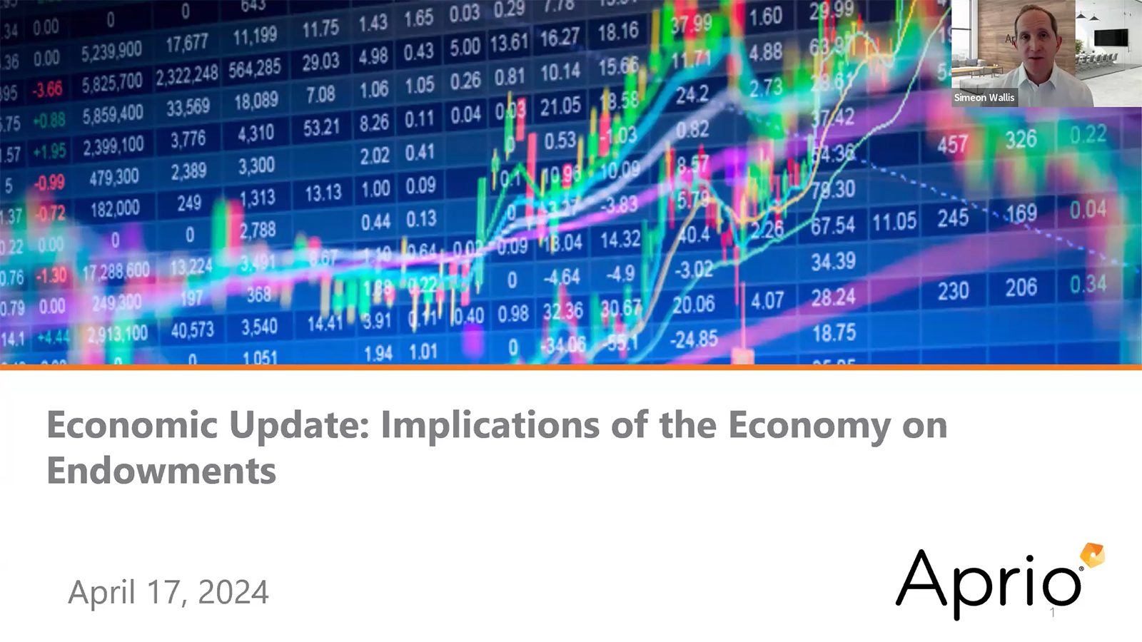 A financial chart with fluctuating stock data is shown behind a speaker during an economic update presentation titled “Implications of the Economy on Endowments.”.