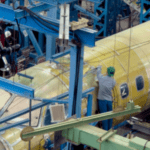 A worker in safety gear inspects or works on the exterior of a partially assembled airplane fuselage inside a manufacturing facility.