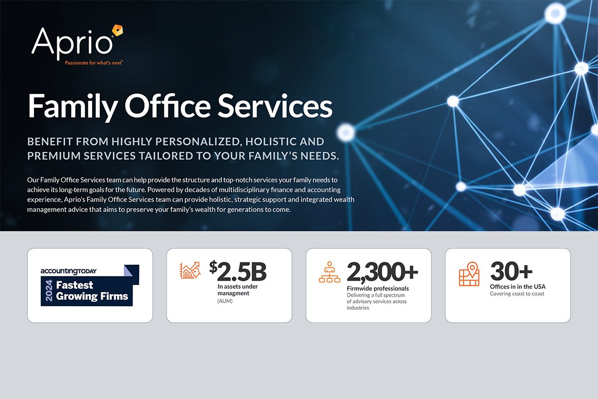 Banner for Aprio Family Office Services with text about personalized wealth management, industry awards, $2.5B under advisement, 2,300 professionals, and 30+ U.S. offices on a blue abstract background.